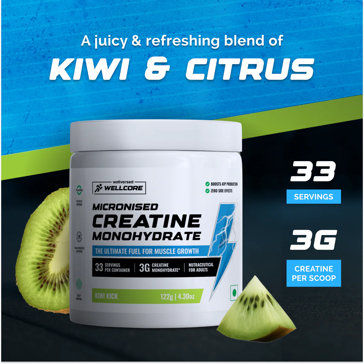 Wellcore - Pure Micronised Creatine Monohydrate | Kiwi Kick (122g, 33 servings) - Image 3