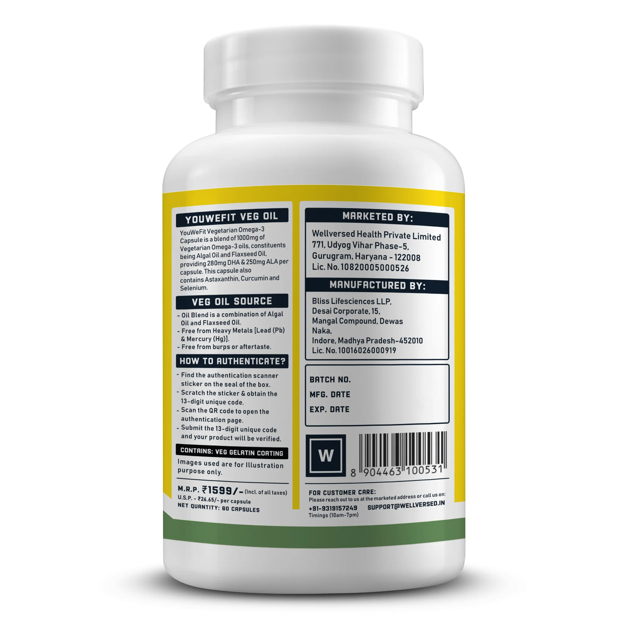 YouWeFit Pro-Vegetarian Omega-3 Capsules (60 Capsules) | 1000mg Algal Oil + Flaxseed Oil Capsules (250mg DHA | 200mg ALA | 50mg EPA) - Image 3